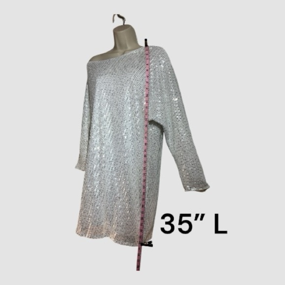 All Glitter and Glam Sexy White With Silver Sequins Mini Dress Long Sleeve XL - Picture 2 of 6